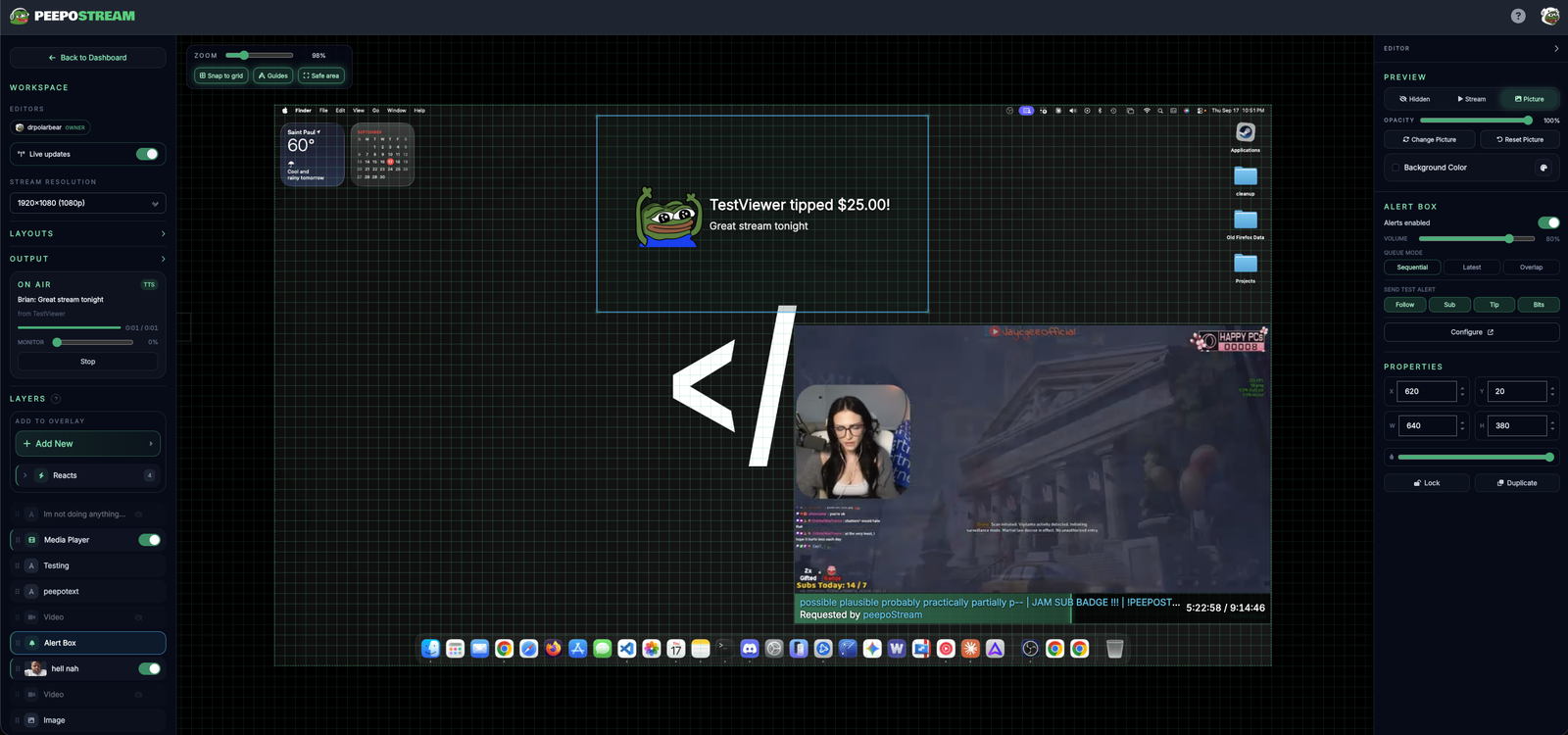 The peepoStream overlay editor showing a 1080p canvas with layers and live preview